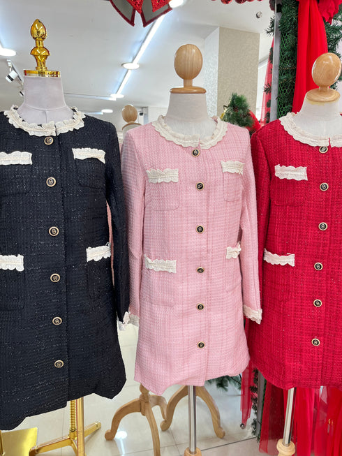 Ladies Elegant Lacey Neck Border Tweed Dresses